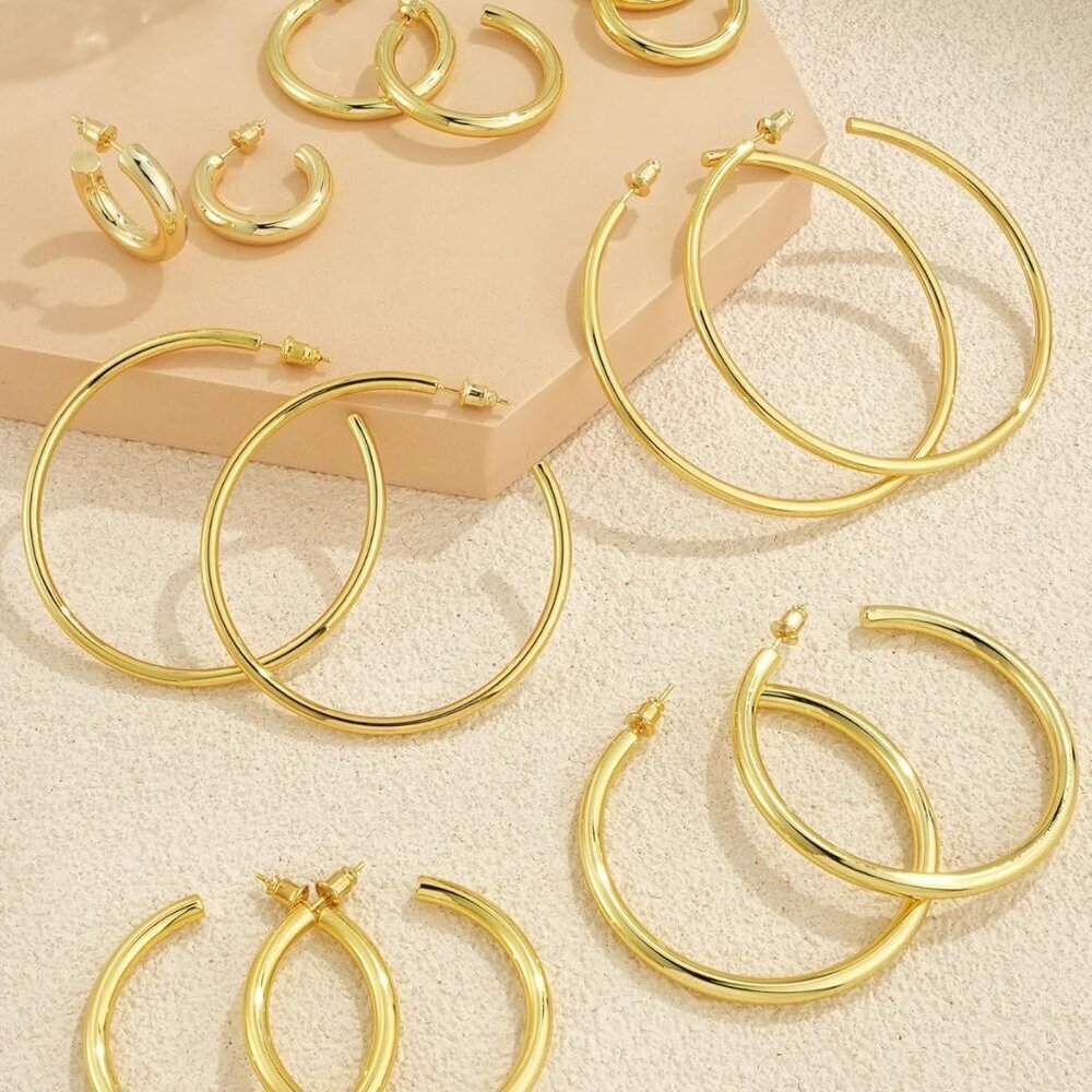 Gold Hoop Earrings for Women 14K Gold Plated Large Chunky Lightweight Jewelry - Picture 6 of 8